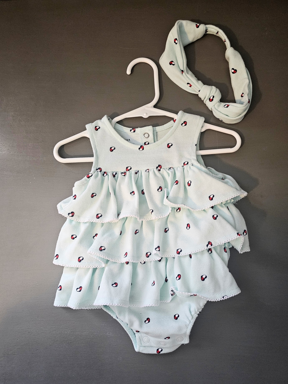 Tommy Hilfiger Mint Ruffle Baby One-Piece with Matching Headband NWOT